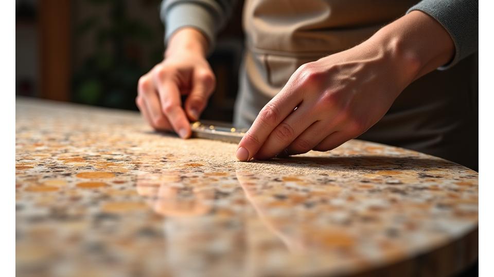 Primo piano su un artigiano che lavora una lastra di pietra con strumenti specializzati.