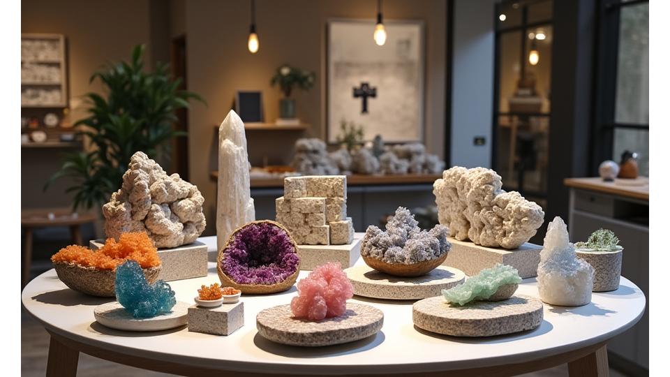 Esposizione di minerali grezzi e campioni di terrazzo finiti all'interno del laboratorio.