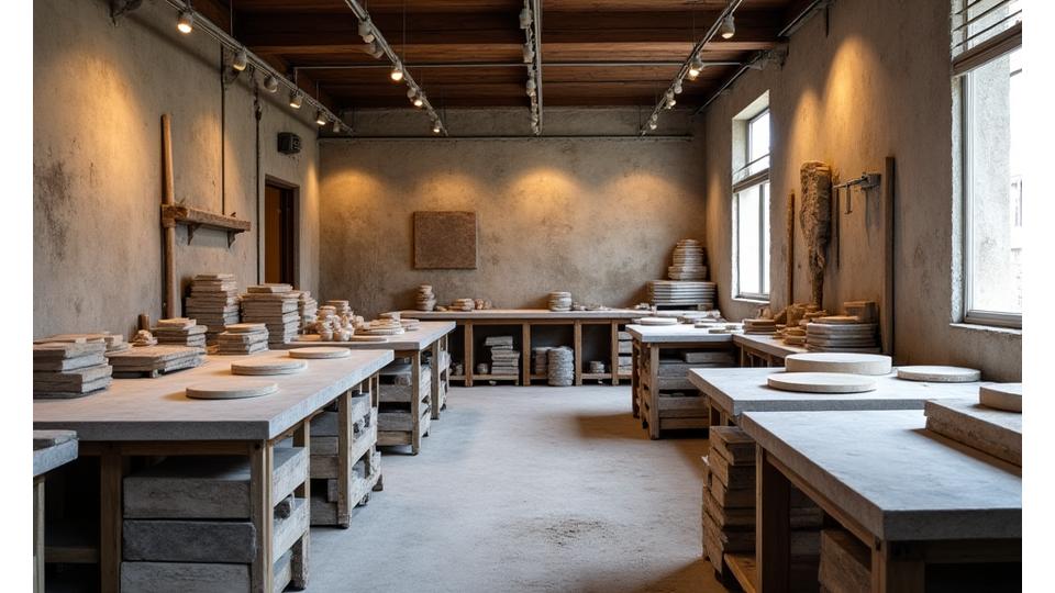 Interno del laboratorio di Terrazzo Minerale con attrezzi tradizionali e moderni.