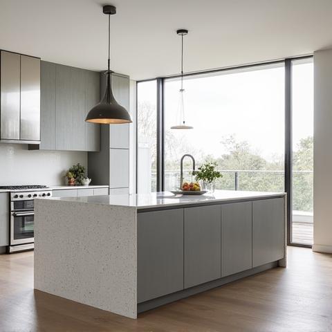 Isola cucina bianca con piano in terrazzo