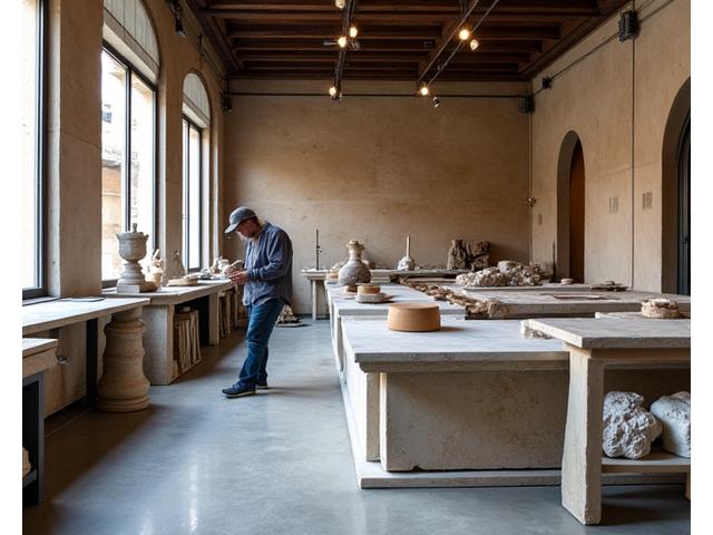 Artigiani al lavoro nello storico laboratorio di Terrazzo Minerale a Verona.