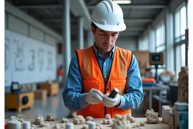Geologo che esamina campioni di roccia con strumentazione, in un ambiente professionale