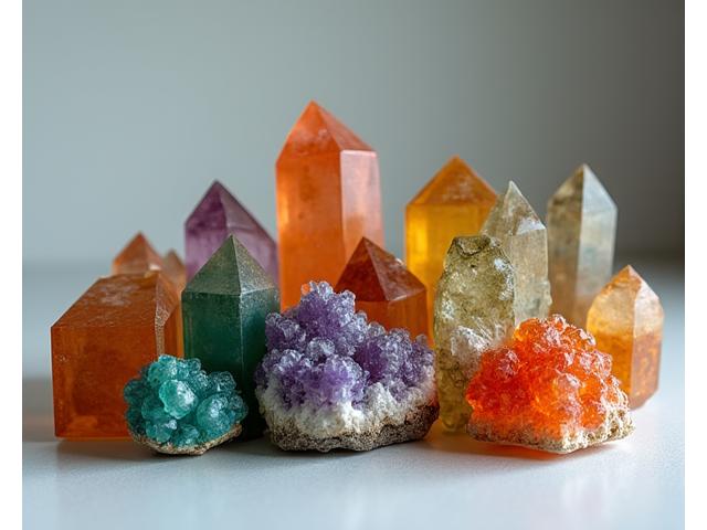 Collezione di minerali rari italiani, con cristalli dai colori vivaci su una base neutra