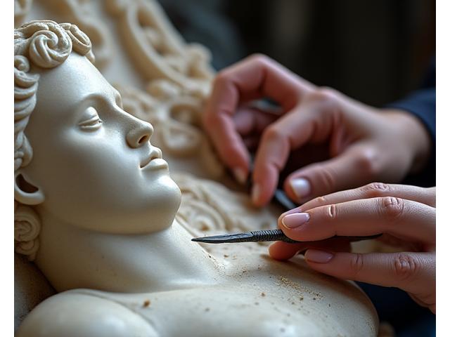 Dettaglio di marmo antico in fase di restauro, con attrezzi artigianali