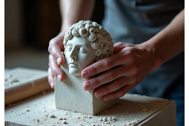 Scultore al lavoro su un blocco di marmo, dettaglio delle mani e degli attrezzi