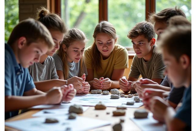 Partecipanti ad un workshop di geologia, esaminano campioni di roccia con l'aiuto di un istruttore